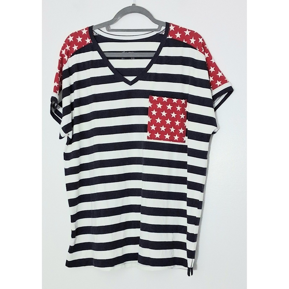 Denim & Co Top Women's Size Large Americana Printed Stars & Stripes V-Neck Preow